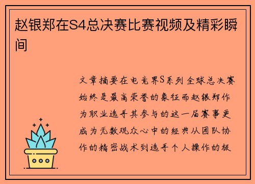 赵银郑在S4总决赛比赛视频及精彩瞬间