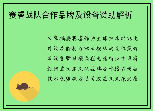 赛睿战队合作品牌及设备赞助解析