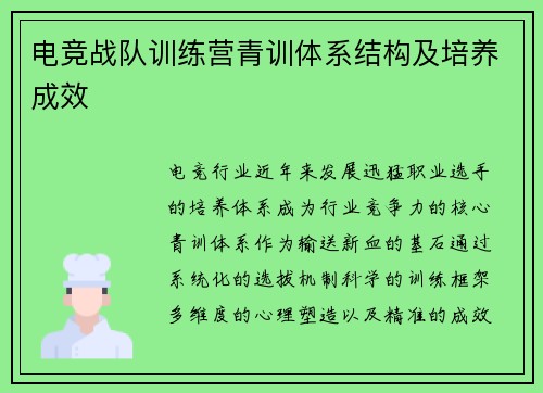 电竞战队训练营青训体系结构及培养成效