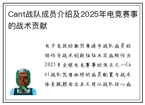 Cant战队成员介绍及2025年电竞赛事的战术贡献